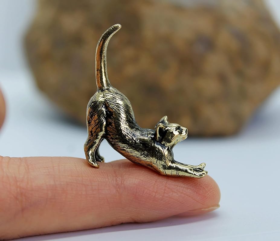 Stretching Cat Figurine Hand-Casted in Brass Small Kitten Miniature Collectible Gift for Cat Lovers Tiny Metal Decorative Trinket