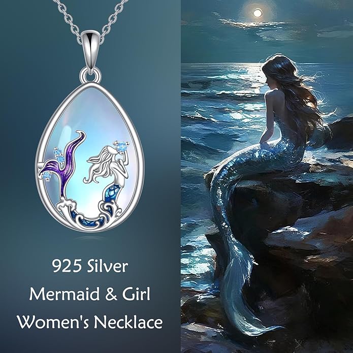 LUHE Moonstone Necklace 925 Sterling Silver Fox/Axolotl/Cat/Raccoon/Penguin/Frog/Panda/Highland Cow Pendant Necklace Animal Jewelry Gifts for Women