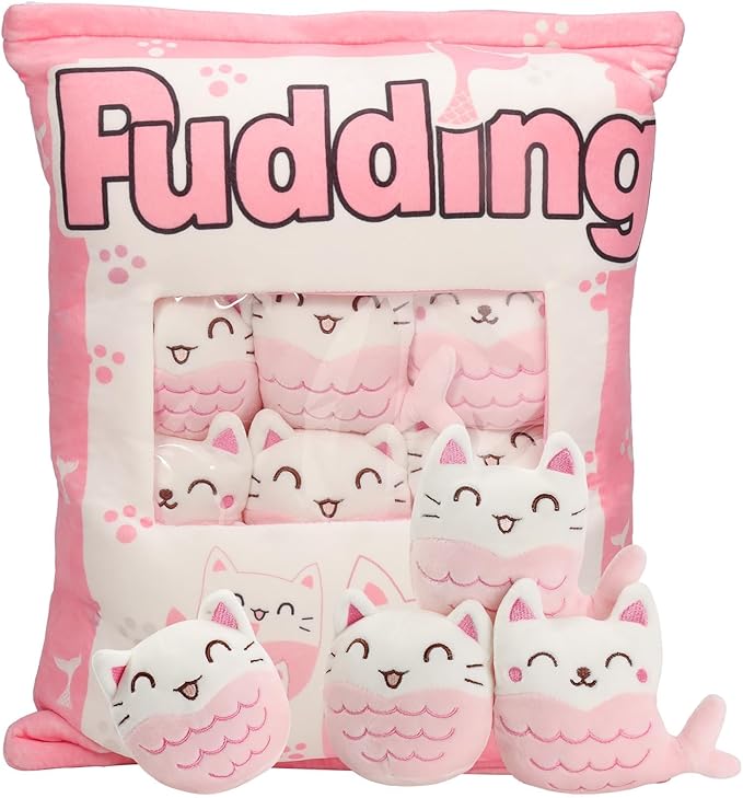 Mermaid Cat Plush Pillow, Cute Pink Mermaid Cat Plushies for Kids, Removable Mermaid Cat Stuffed Animals Dolls, Kawaii Plushies Gift for Girls Boys Birthday