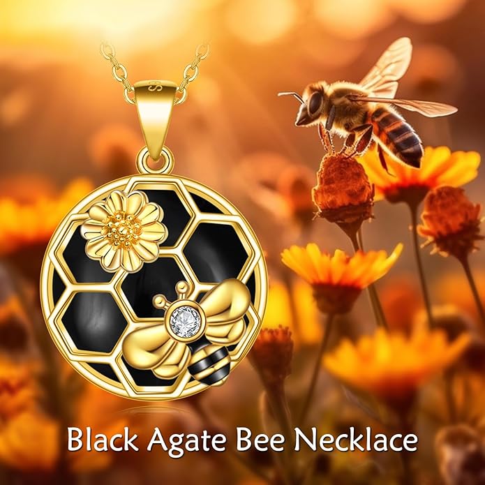 LUHE Bee Necklace 925 Sterling Silver Honeycomb Cute Flower Pendant Necklaces for Women Gifts for Her Women