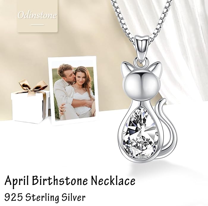 Odinstone Cat Birthstone Necklaces Jewelry Sterling Silver Cat Pendant Necklace Gift for Women Gifts, 18'' Silver Box Chain Women's Birthstone Crystal Cat Jewelry Gifts