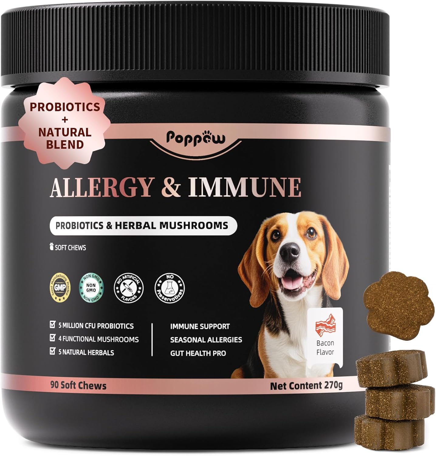 Dog Allergy Chews, Probiotics for Dog Allergy Relief - Itchy Skin and Itchy Ears - Allergy Paw Relief - Seasonal Allergies & Immune Gut Health & Joint, Energy Support, Bacon Flavor - 90 Count