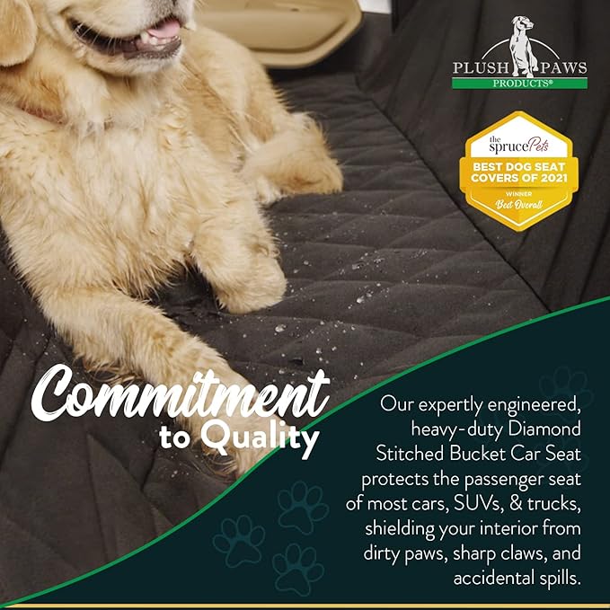 Plush Paws Products Premium Bucket Car Seat Protector | Diamond Stitching | Washable & Waterproof Front Seat Dog Cover Car, Truck, & SUV | Nonslip, Tear Resistant Pet Passenger Seat Cover | Tan