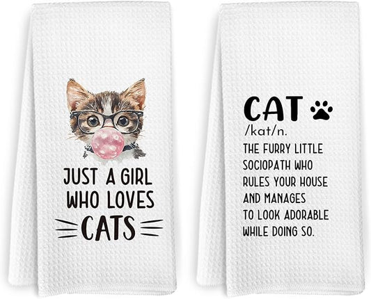 Funny Cat Kitchen Towels and Dishcloths Set of 2, Just a Girl Who Loves Cats Dish Towels, Cat Gifts for Cat Lovers, Cat Kitchen Decor, Cat Hand Tea Towels for Bathroom Kitchen, 16x24 Inches