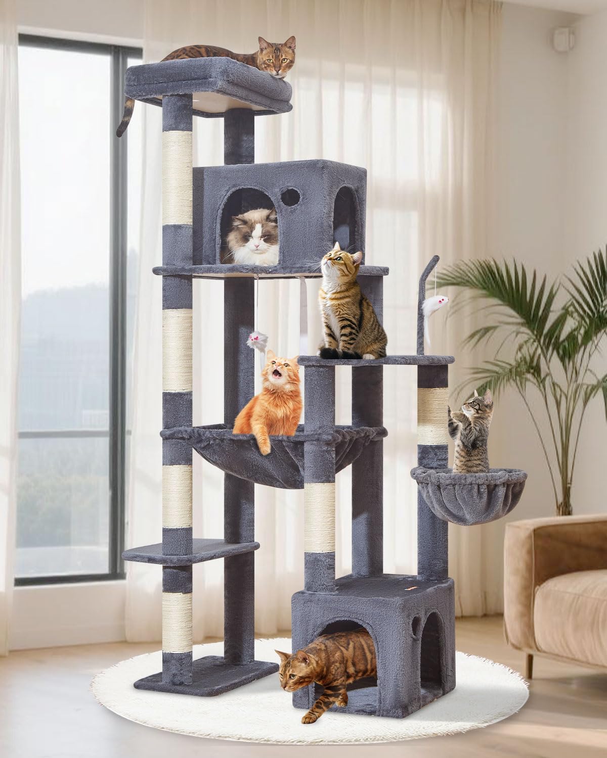 Taoqimiao Heavy Duty Cat Tree for Large Cats 20lbs+, 71 Inches Tall Cat Tower, 2 Cat Condo with 6 Scratching Posts, Super Large Hammcock, Cat Toys, Cozy Basket, Smoky Gray, MS037G