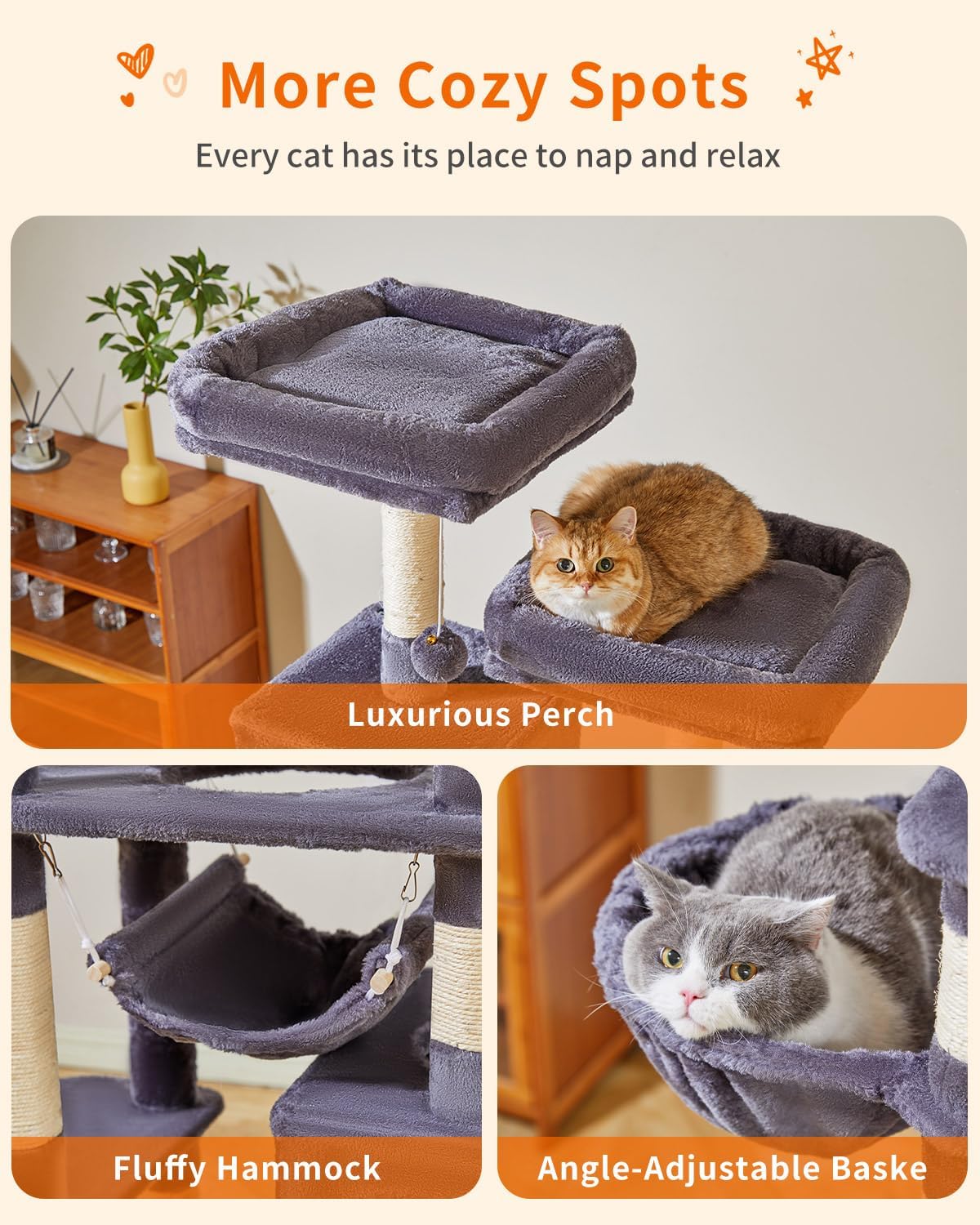 Taoqimiao Cat Tree, 71-Inch Cat Tree Cat Tower for Indoor Cats, Plush Multi-Level Cat Condo with 10 Scratching Posts, 2 Perches,Basket, 2 Caves,Hammock, 2 Pompoms,MS020G Beige Smoky Gray