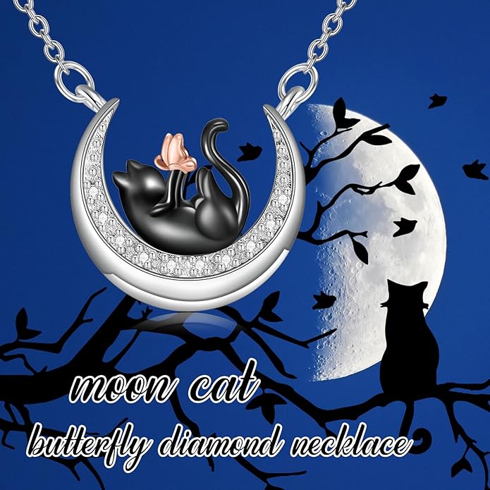 Diamond Black Cat Necklace 925 Sterling Silver Cute Animal Pendant for Women Jewelry Gifts for Anniversary