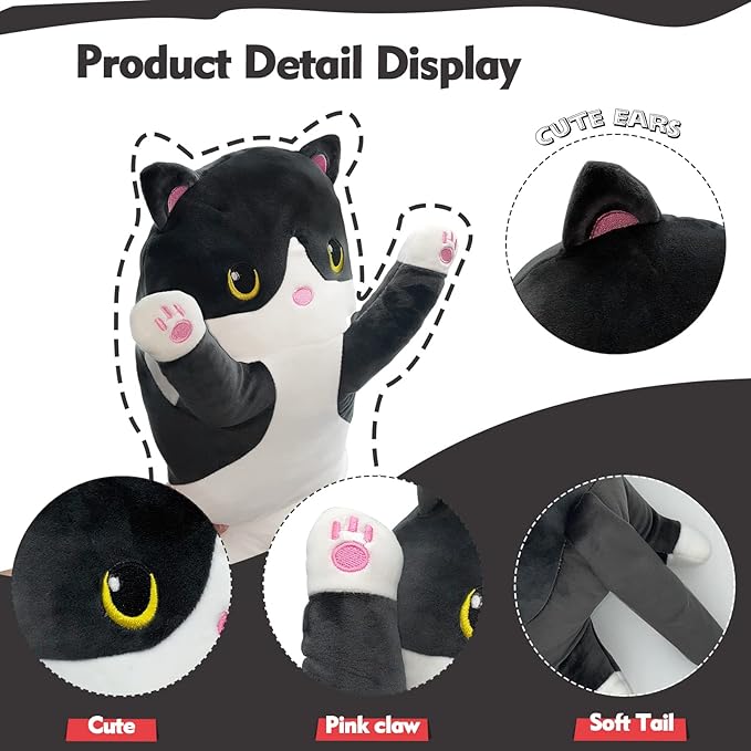 Long Cat Plush Pillow, 43.3in Cute Black Cat Plushie Stuffed Animals Body Pillow, Kawaii Kitten Soft Plushie Doll Toy Birthday Gift for Kids Girlfriend