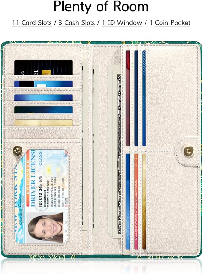Nipichsha Womens Wallet, RFID Slim Wallets for Women, Thin Ladies Credit Card Holder Purse, Cute Leather Bifold Clutch Billfold with 11 Card Slots & ID Window, Luxury Green Leaf