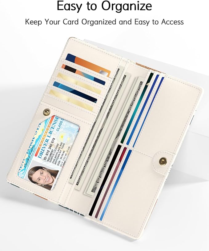 Nipichsha Womens Wallet, RFID Slim Wallets for Women, Thin Ladies Credit Card Holder Purse, Cute Leather Bifold Clutch Billfold with 11 Card Slots & ID Window, Abstract Boho Leaf