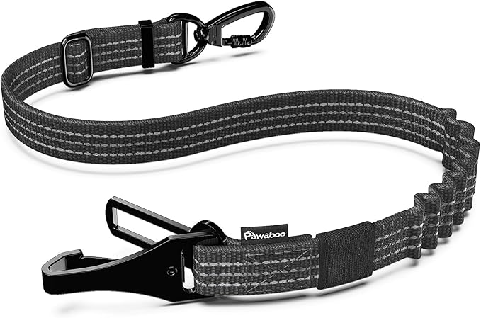 Pawaboo Dog Seatbelt for Car, 3-in-1 Dog Seat Belt Bungee, Shockproof Dogs Tether for Car with Buckle & Hook Latch, Adjustable Reflective Dogs Cars Harness Leash with 360° Lockable Buckle, Black