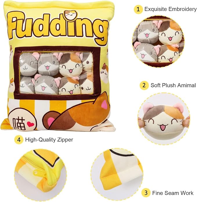 Cute Cat Plush Pillow Toy, 8" Removable Fluffy Animal Doll, Soft Cotton Stuffed Sofa Chair Decor for Kids & Girls