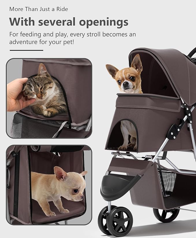 Pet Stroller with 3 Wheels for Small/Medium Pets, Portable Travel Foldable Carrier Jogger for Dog Cat Puppy Kitty, Rear Wheel Breaks, Storage Basket, Visible Mesh with Weather Cover (Coffee)