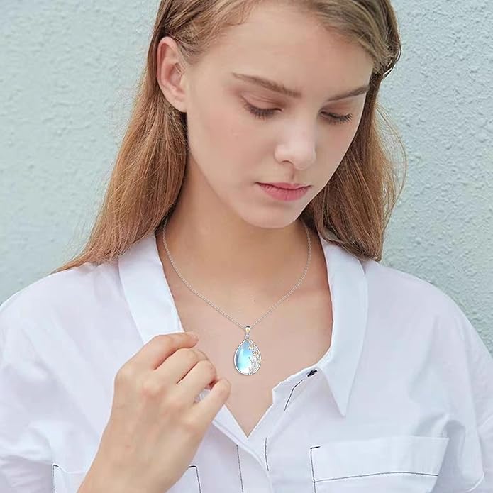 CRMAD Daisy/Black Cat/Dragonfly/Daffodil/Hummingbird/Stingray/Phoenix Feather/Rose Necklace Sterling Silver Moonstone Teardrop Pendant Necklace Flower Animal Jewelry Gifts for Women