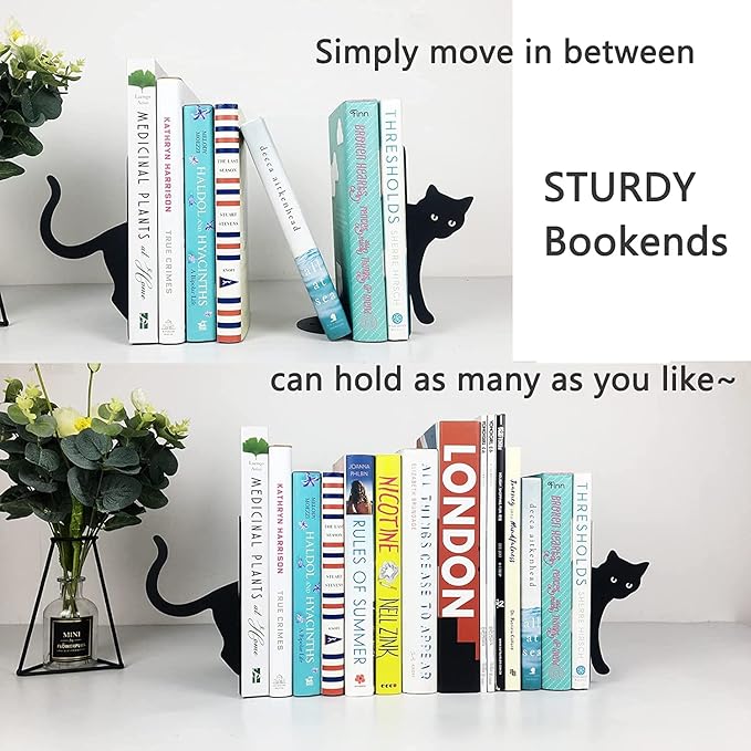 Black Cat Book Ends - Decorative Bookend for Shelves,Book Holder for Desktop, Cute Animal Decor for Home & Office, Gift for Cat Lovers L15.7(A Set) x D5 x H 7"