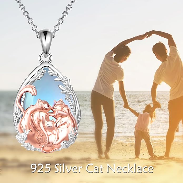 Cat Necklace Sterling Silver Cat Pendnat with Rose Quartz Pearl Jewelry Gifts for Women Cat Lovers