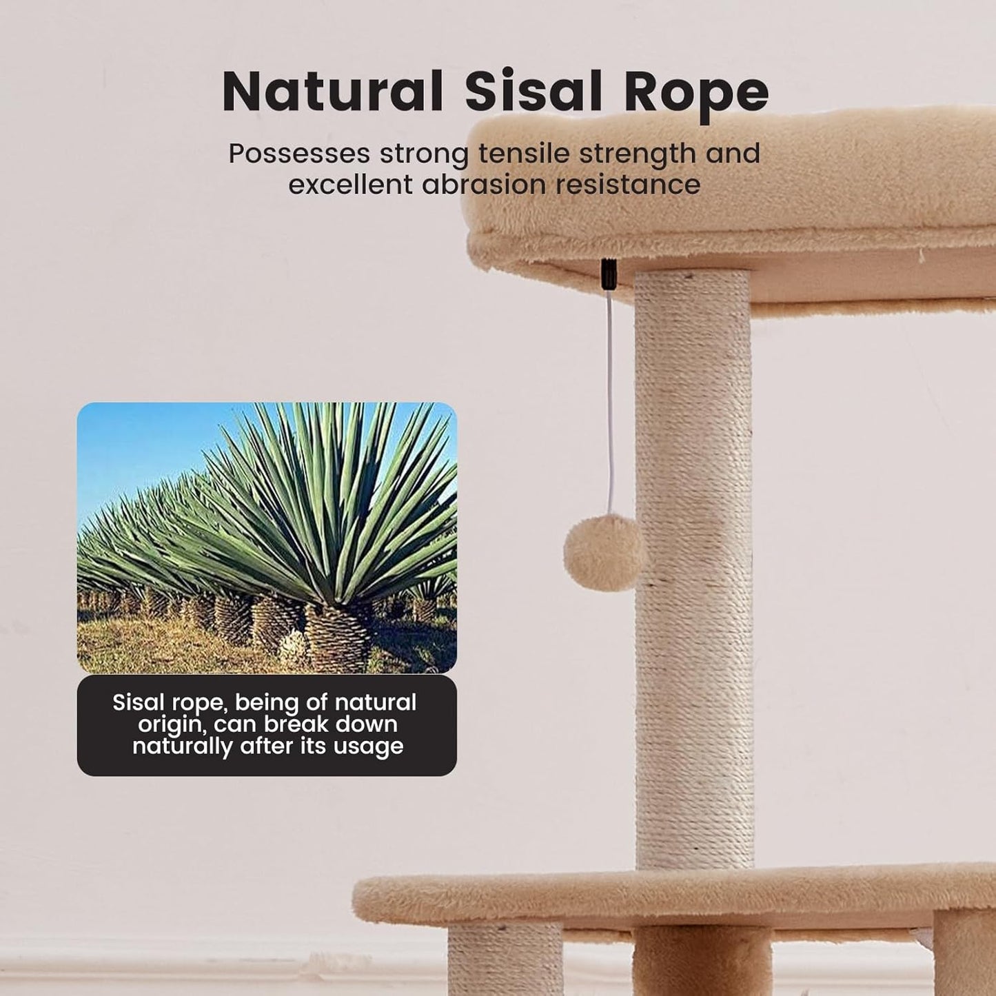 Gardner Pet 65in Heavy Duty Cat Tree Tower for Large Cats, Multi-Level Cat Furniture with Replaceable Sisal Scratching Post, Hammock | Extra-Large Platform & Condo (Beige)