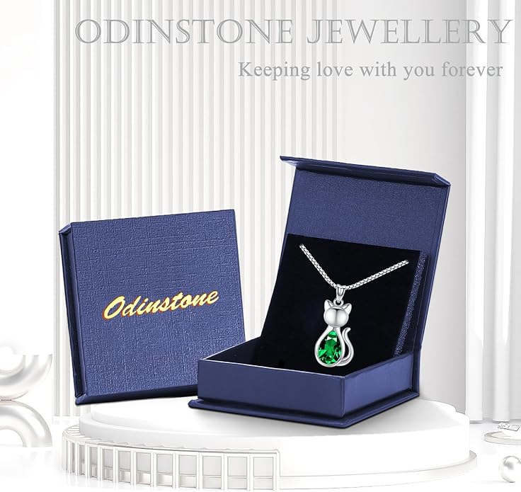 Odinstone Cat Birthstone Necklaces Jewelry Sterling Silver Cat Pendant Necklace Gift for Women Gifts, 18'' Silver Box Chain Women's Birthstone Crystal Cat Jewelry Gifts