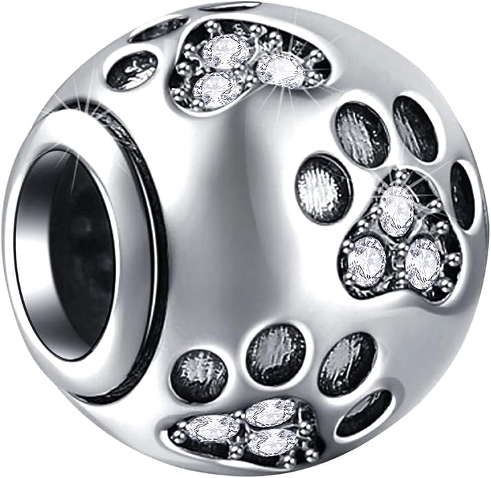 EMOSTAR Dog Paw Print Charms with Various Birthstone Crystals, 925 Sterling Silver Pawprint Beads for 3mm Snake Chain, Pet Lover Gifts for European Women Bracelet