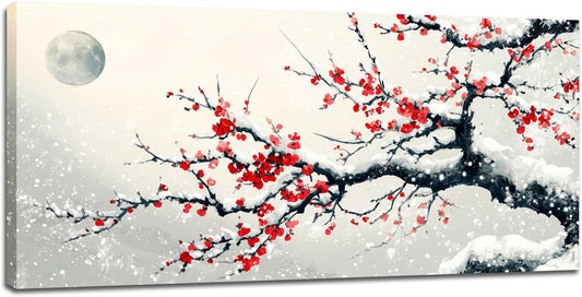 Large Flower Blossom Wall Art Snow Winter Canvas Living Room Chinese Floral Pictures Framed Prints Oversize Japanese Wall Decor Painting Artwork for Bedroom Dining 60"x30"