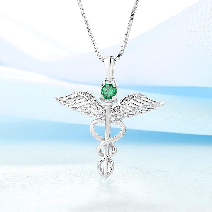 YL Caduceus Necklace Sterling Silver Doctor Nurse Themed Pendant Birthstone Angel Wings Snake Jewelry for Women