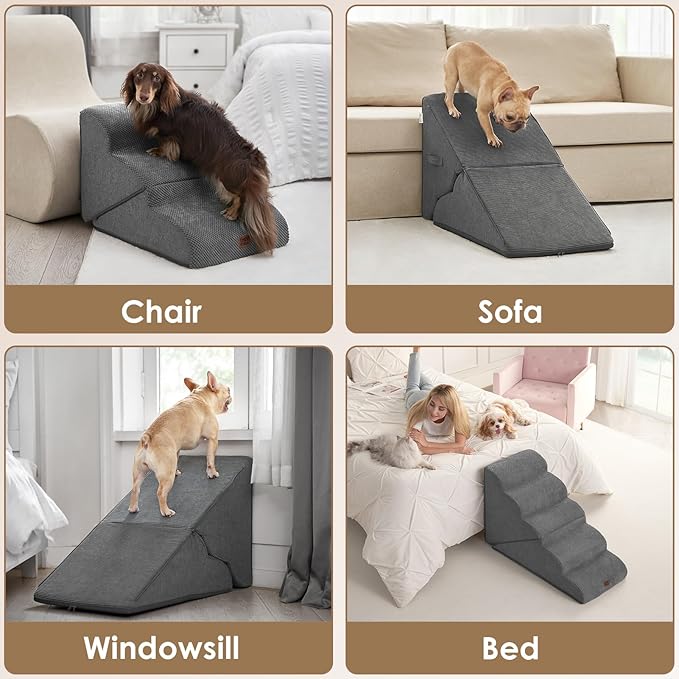 EHEYCIGA Curved Foldable Dog Stairs Ramp for Small Dogs 16" H, 3-Step Dog Steps for Couch Sofa and Chair, Pet Stairs for Cats, Non-Slip Balanced Pet Steps Indoor, Grey