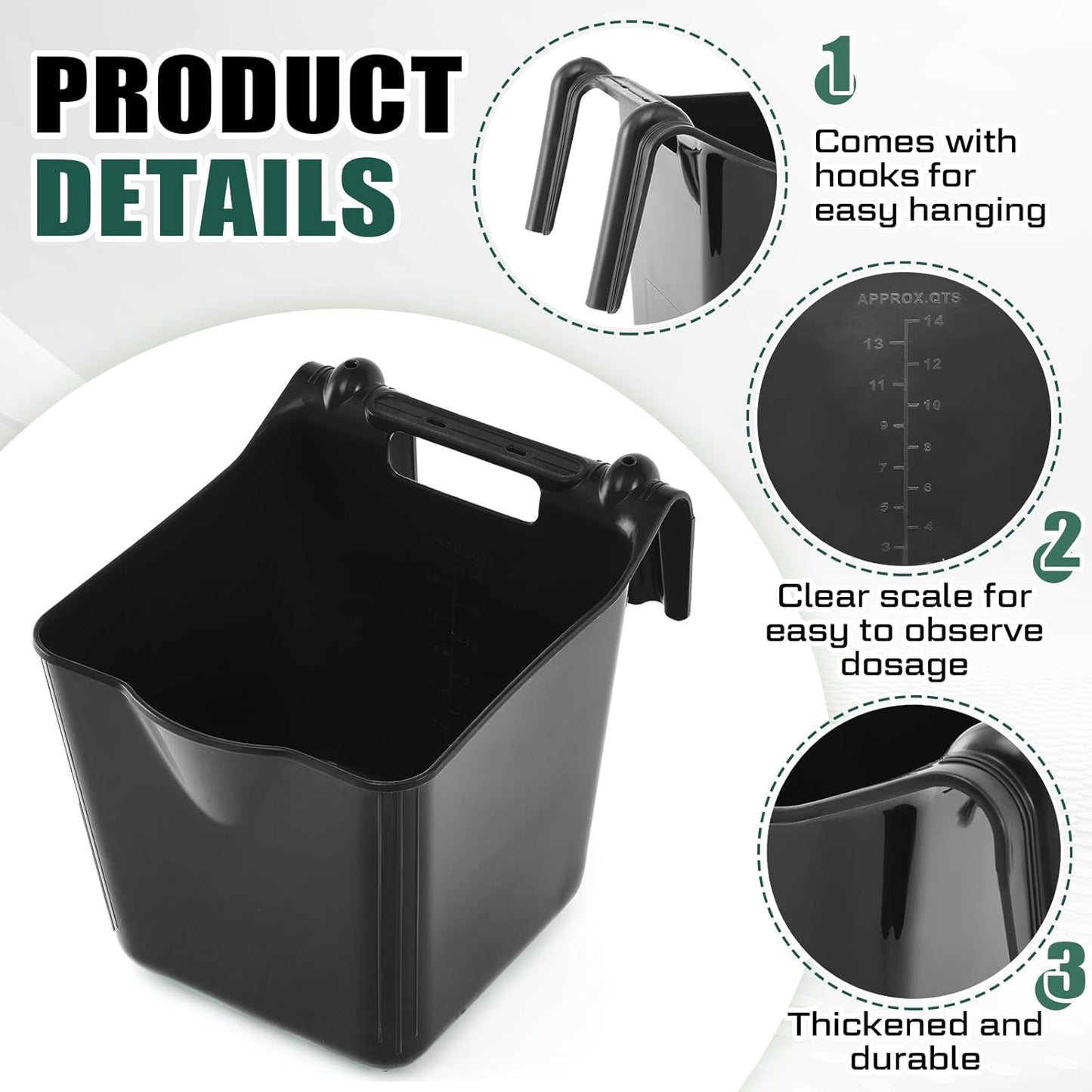 Marsui 8 Pcs 15 Quart Horse Feeders for Stall Hook Over Hanging Fence Hay Feeder Mountable Livestock Plastic Feed Bucket for Farm Stalls Pasture, Stable to Feed Horses Sheep Cattle Cows Etc (Black)