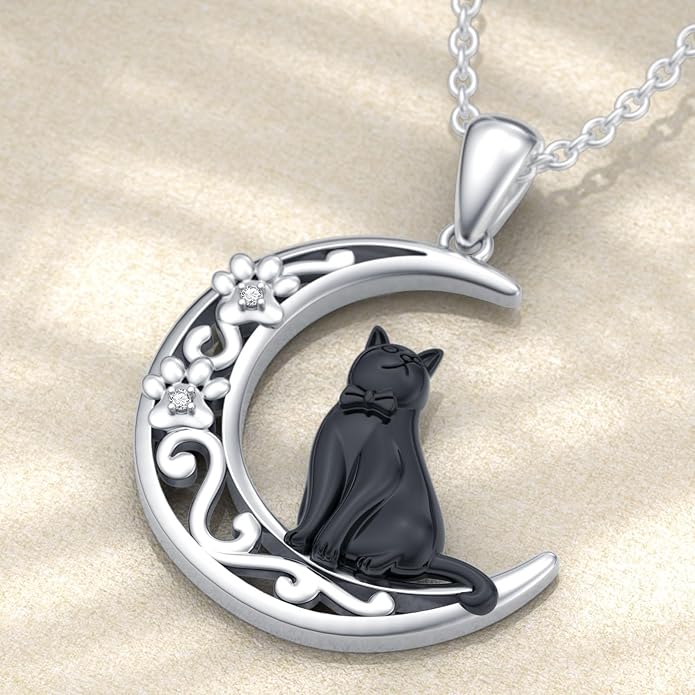 Diamond Black Cat Necklace for Women 925 Sterling Silver Cat on Moon Necklace Pendant Black Cat Jewelry Gifts for Women Mom Wife Girlfriend Daughter Girls