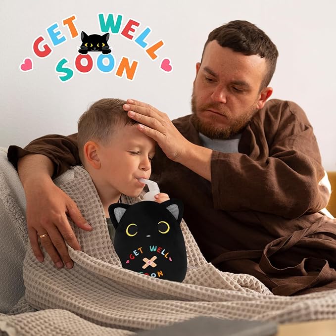 Get Well Cat Plush Toy, Black Cat Get Well Soon Stuffed Animal Gift for Kids Women,Soft Cute Black Huggable Pillow Kawaii Plushies Gift for Girls Boys