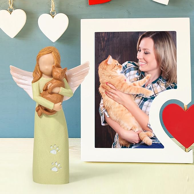 Cat Angel Friendship Statues for Lovers: Hand-Painted Figure - Lime Green Angel and Brown Cat