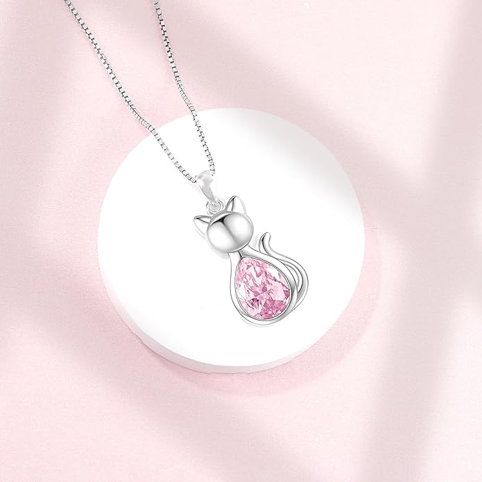 Odinstone Cat Birthstone Necklaces Jewelry Sterling Silver Cat Pendant Necklace Gift for Women Gifts, 18'' Silver Box Chain Women's Birthstone Crystal Cat Jewelry Gifts