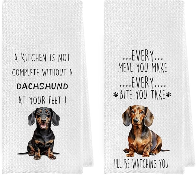 Funny Dachshund Dish Towels set - Dachshund Gifts Waffle Weave Kitchen Towels, Dachshund Decorative Hand Tea Towels for Bathroom Kitchen, Weiner Dog Gifts for Women (16×24 Inches Set of 2)