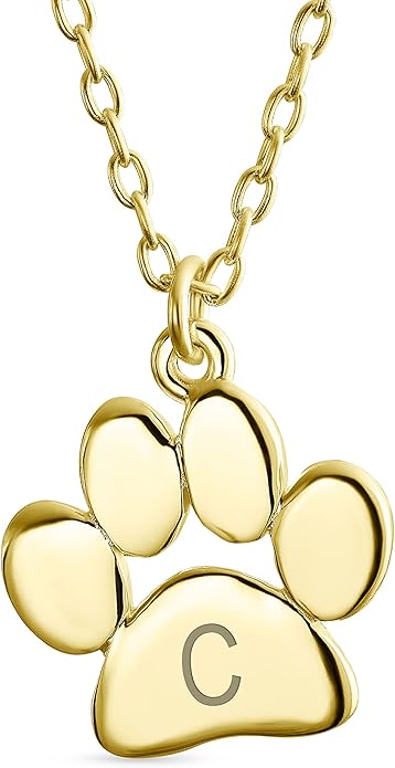 Personalized Initial Alphabet A-Z Dainty Dog Cat Pet Kitten Puppy Paw Print Pendant Necklace Animal Jewelry For Women Teen Polished Rose Yellow Gold Plated .925 Sterling Silver Customizable
