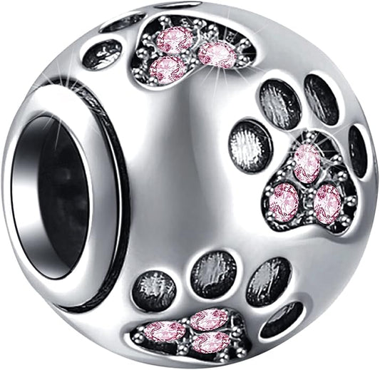 EMOSTAR Dog Paw Print Charms with Various Birthstone Crystals, 925 Sterling Silver Pawprint Beads for 3mm Snake Chain, Pet Lover Gifts for European Women Bracelet