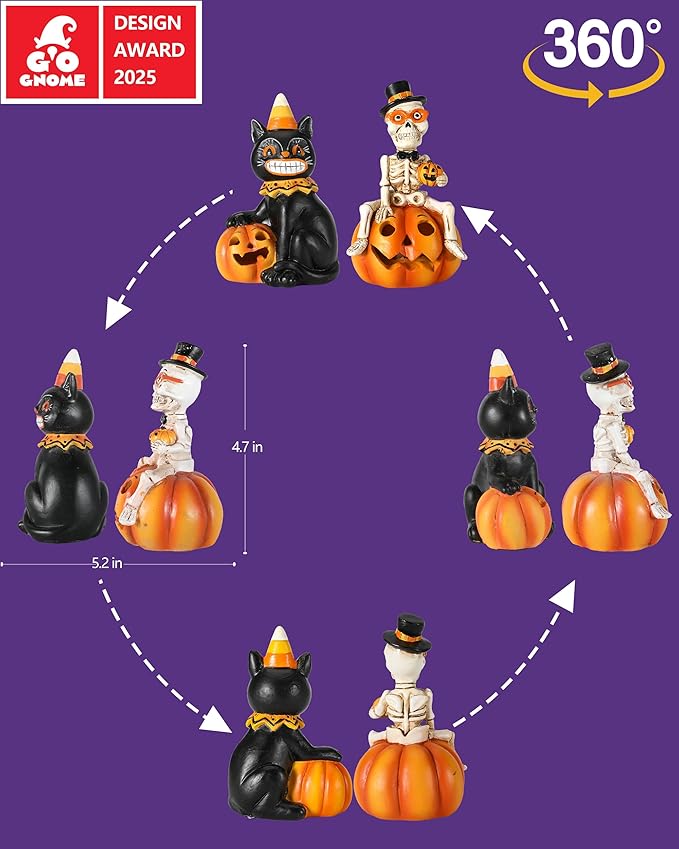 Vintage Halloween Decorations Indoor - 2-Pack 4.7'' Resin Skeleton Gentleman & Black Cat Figurine with Flickering Pumpkin Lights - Halloween Table Decor Ornaments Gifts (Jack-O’-Lantern)