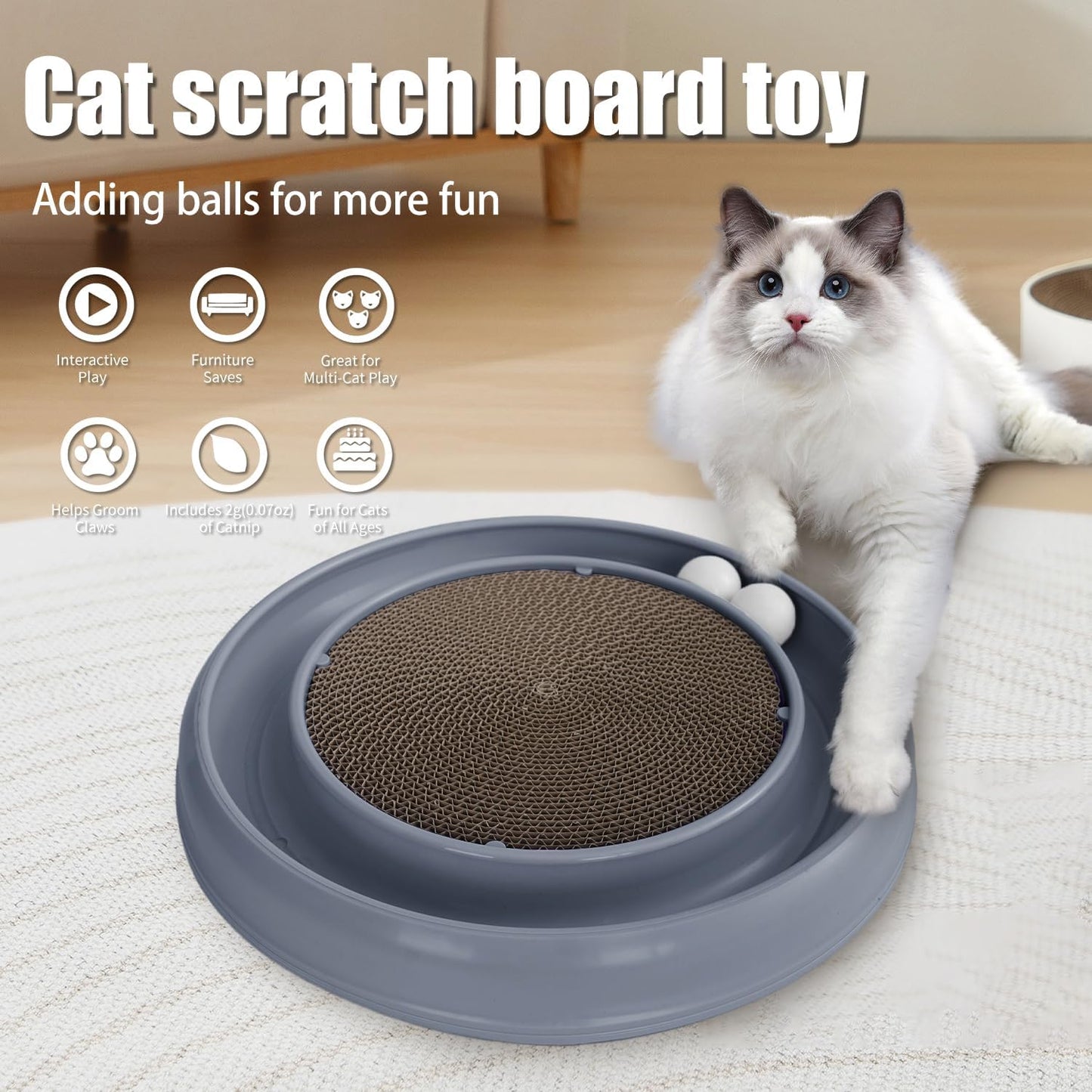 Interactive Cat Scratcher with Two Rotating Balls,Durable Scratch Pad for Indoor Play,Cardboard Cat Scratcher Pad with Cat Toy Ball Track and Catnip,2-in-1 Cat Toy (Grey)