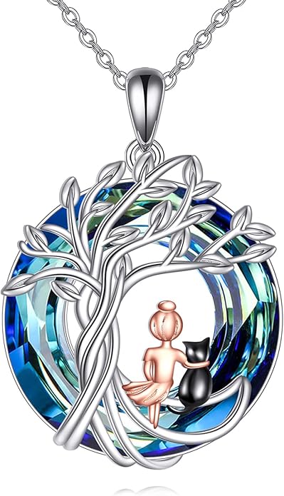 Tree of Life Necklace Sterling Silver Sister Pendant Blue Crystal Jewelry Gift for Women