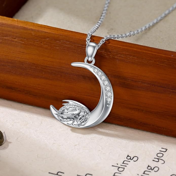 Diamond Black Cat/Red Panda/Sloth/Deer/Unicorn Necklace for Women 925 Sterling Silver Sleeping Animal and Moon Pendant with Lab Grown Diamonds Jewelry Gifts