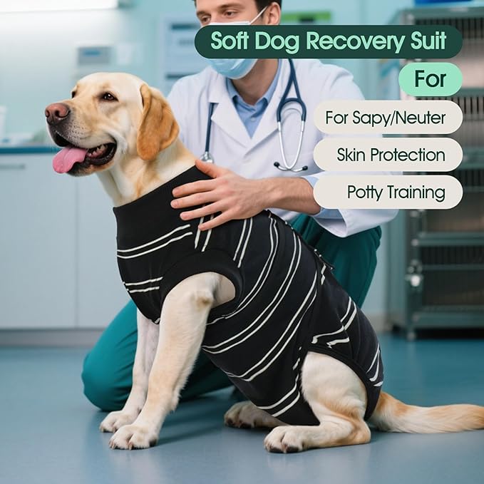Kuoser Dog Surgery Recovery Suit for Female Male Dogs, Stripes Spay Neuter Anti-Licking Dog Onesie, Surgical Suit Snugly Pet Post Surgery Vest Bodysuit for Abdominal Wounds Skin Disease, Black XS