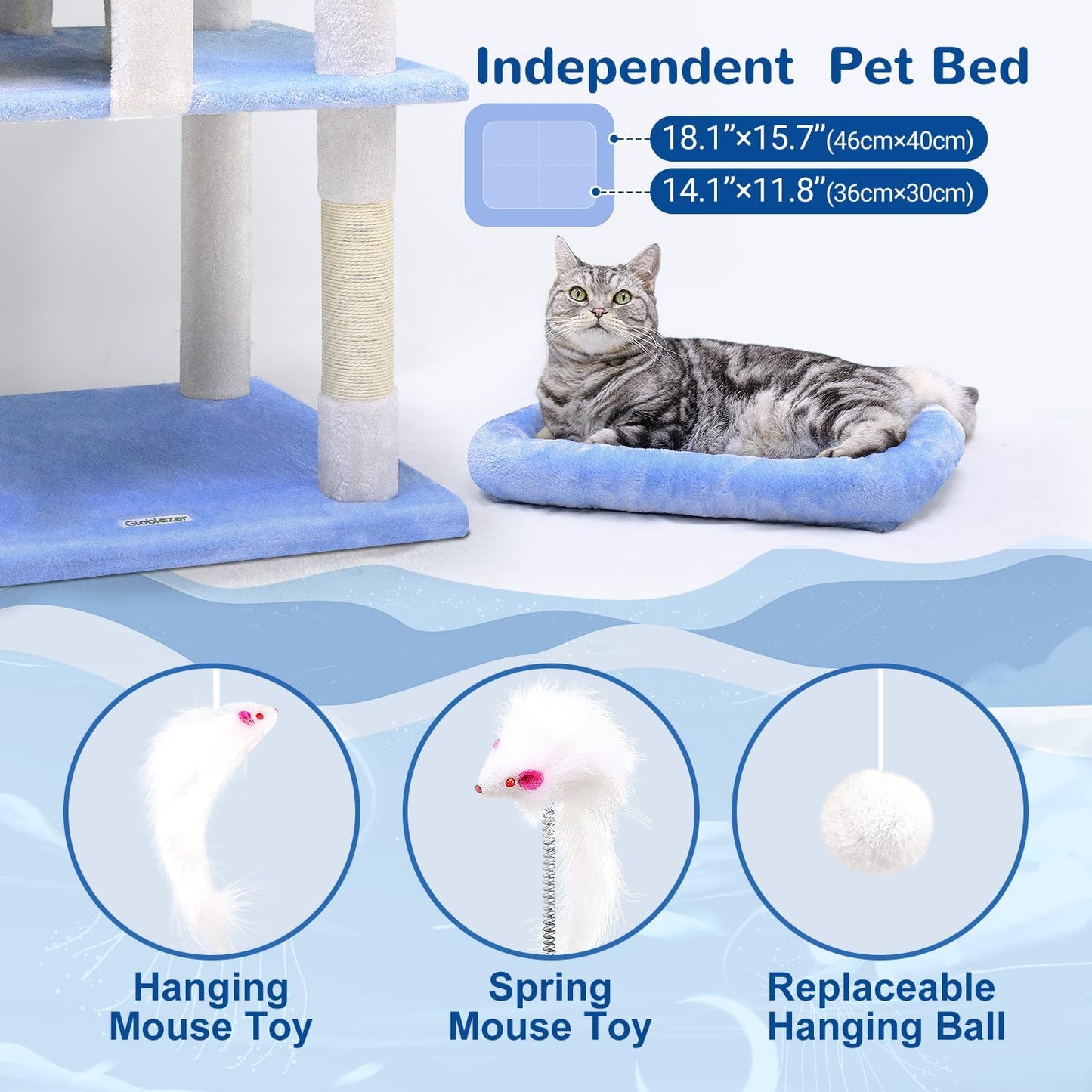 Globlazer Heavy Duty Cat Trees for Large Cats, Sturdy 72in Maine Coon Cat Tree for Large Cats 20 lbs+ Heavy Duty Cat Tower for Adult Biggest Cat with 6 Scratching Posts, Hammock, S72, Ocean Blue