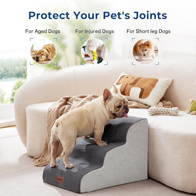 Dog Stairs for Small Dogs - Pet Stairs for Couch and Bed, 35D Foam Dog Steps Ramp with Non-Slip Bottom Beige, 3 Steps