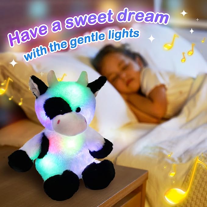 Glow Guards 15'' Light up Music Cow Stuffed Animals Glowing Singing Soft Plush Toy with Lullaby Songs LED Night Lights for Birthday Gifts Toddler Kids Nap Time Pal