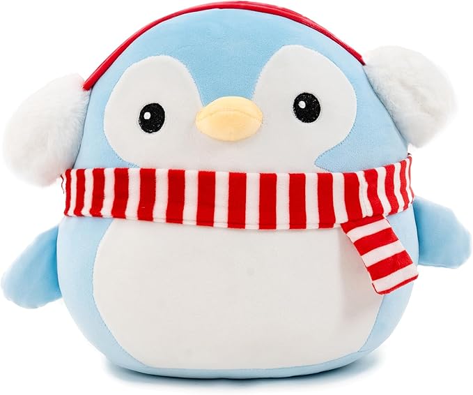 Christmas Penguin Plush with Scarf and Earflap Cute Penguin Plushie for Kids Boys Girls Blue 12 inch