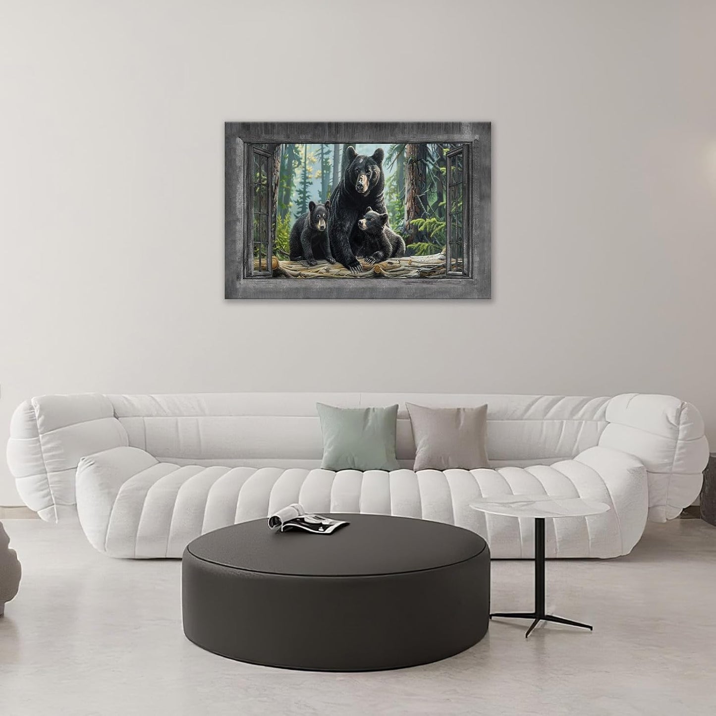 Black Bear Wall Art Forest Window Canvas Cabin Living Room Pictures Prints Animal Wall Decor Painting Artwork for Bedroom Dining Office Home 24"x16"