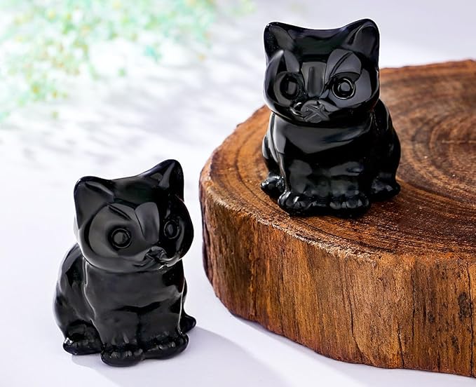 DUQGUHO Cat Decor Black Obsidian Cat Crystal Figurines Crystals Gifts for Cat Lovers Men Women Lucky Cute Cat Statue for Room Desk Decor 1PC