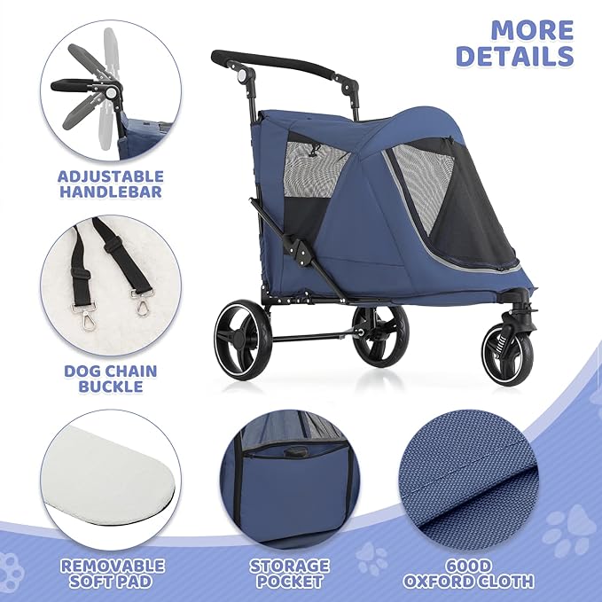 Magshion Pet Stroller for Medium Dogs w/Adjustable Handle, 3-Wheel Dog Cat Wagon w/Dual Entry, Rear Storage, Breathable Mesh, One-Foot Brake, Ideal for Large Pets up to 55 lbs, Navy Blue