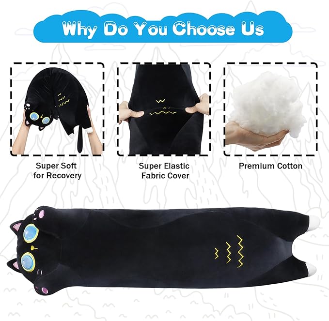 Long Black Cat Plush Pillow,35.5" Large Black Cat Stuffed Animal,Weighted Cat Plush,Cuddly Sleeping Hugging Stuffed Animal, Giant Cute Body Pillow,Plush Toy Gift at Birthday Kids Adults