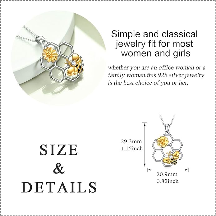 LUHE Bee Necklace 925 Sterling Silver Honeycomb Cute Flower Pendant Necklaces for Women Gifts for Her Women