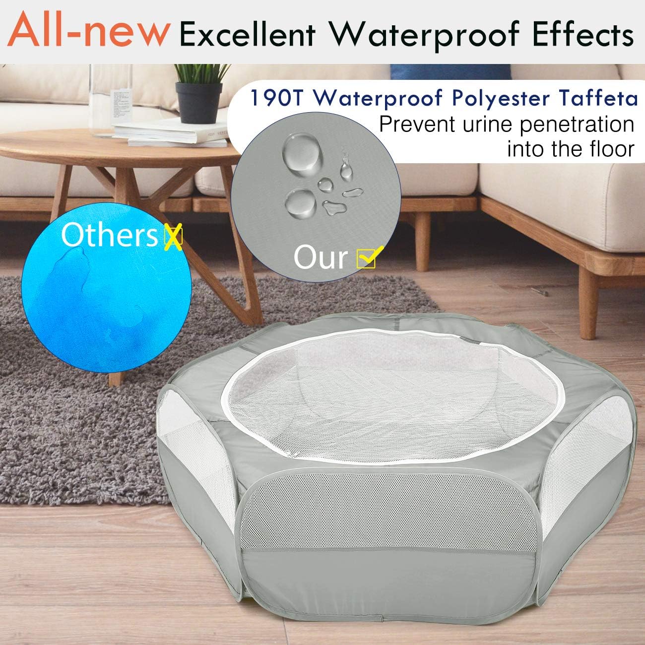 Pawaboo Small Animals Playpen, Waterproof Small Pet Cage Tent with Zippered Cover, Portable Outdoor Yard Fence with 3 Metal Rod for Chick/Kitten/Puppy/Guinea Pig/Rabbits/Hamster/Chinchillas,Light Gray