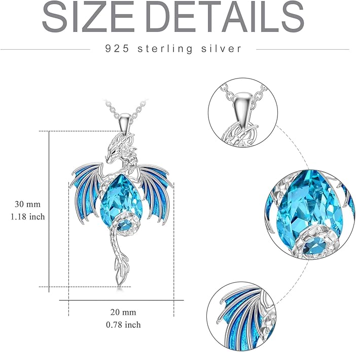 Dragon Necklace for Men Sterling Silver Birthstone Wyvern Necklace Embllished with Teardrop Shaped Crystal Jewelry for Women